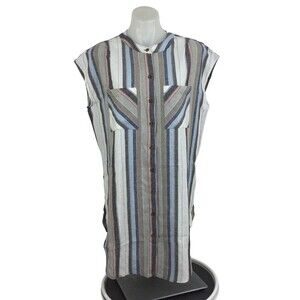 Soft Sorroundings Sleeveless Stripe Button Up Side Slit Linen Tunic Top Multi M